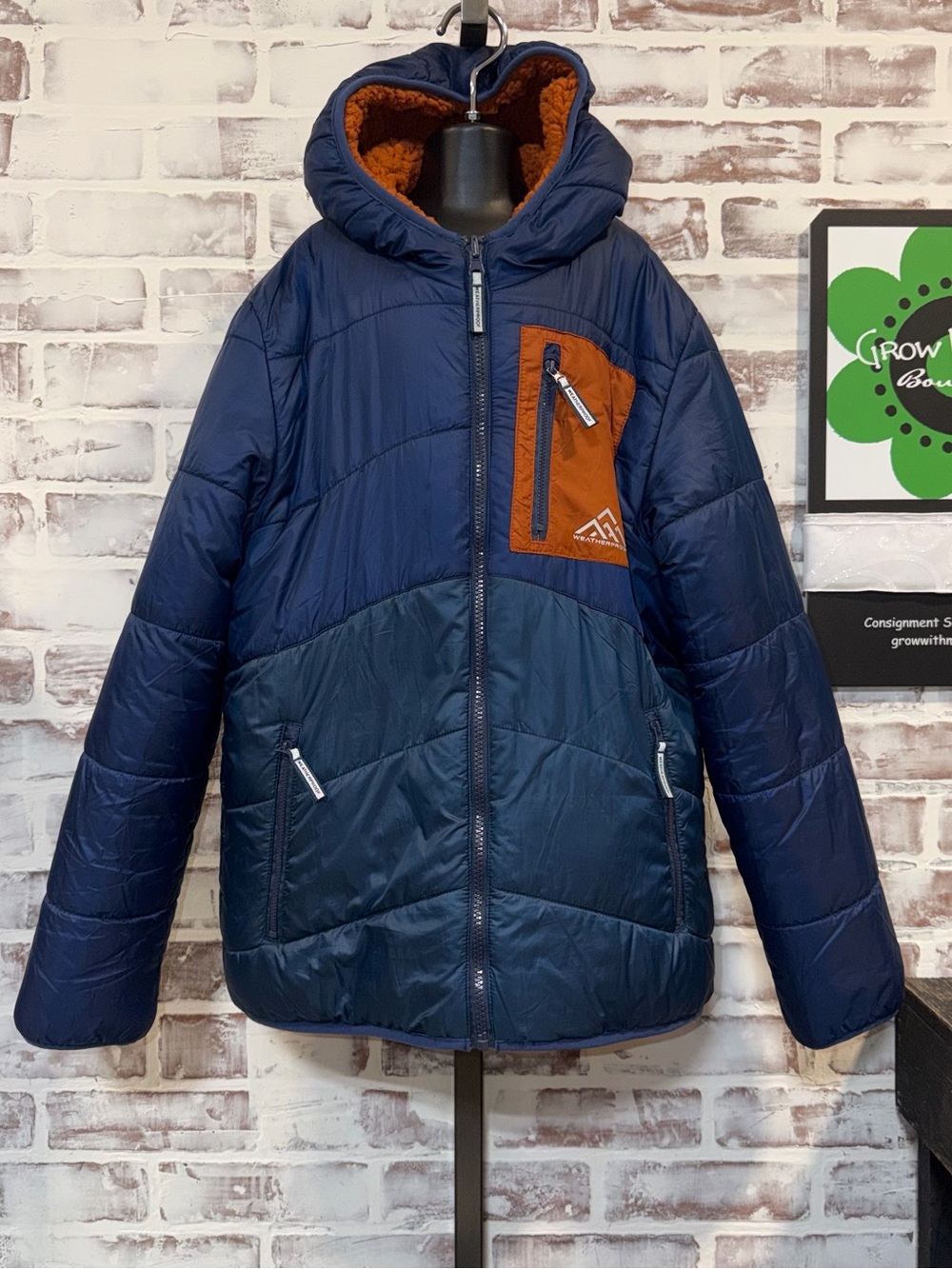Kids Navy Colorblock Puffer Jacket with Hood reversible size 10/12